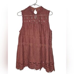 Xhilaration Womens Med High Neck Rose Color Sleeveless Swing Lace Blouse Tunic